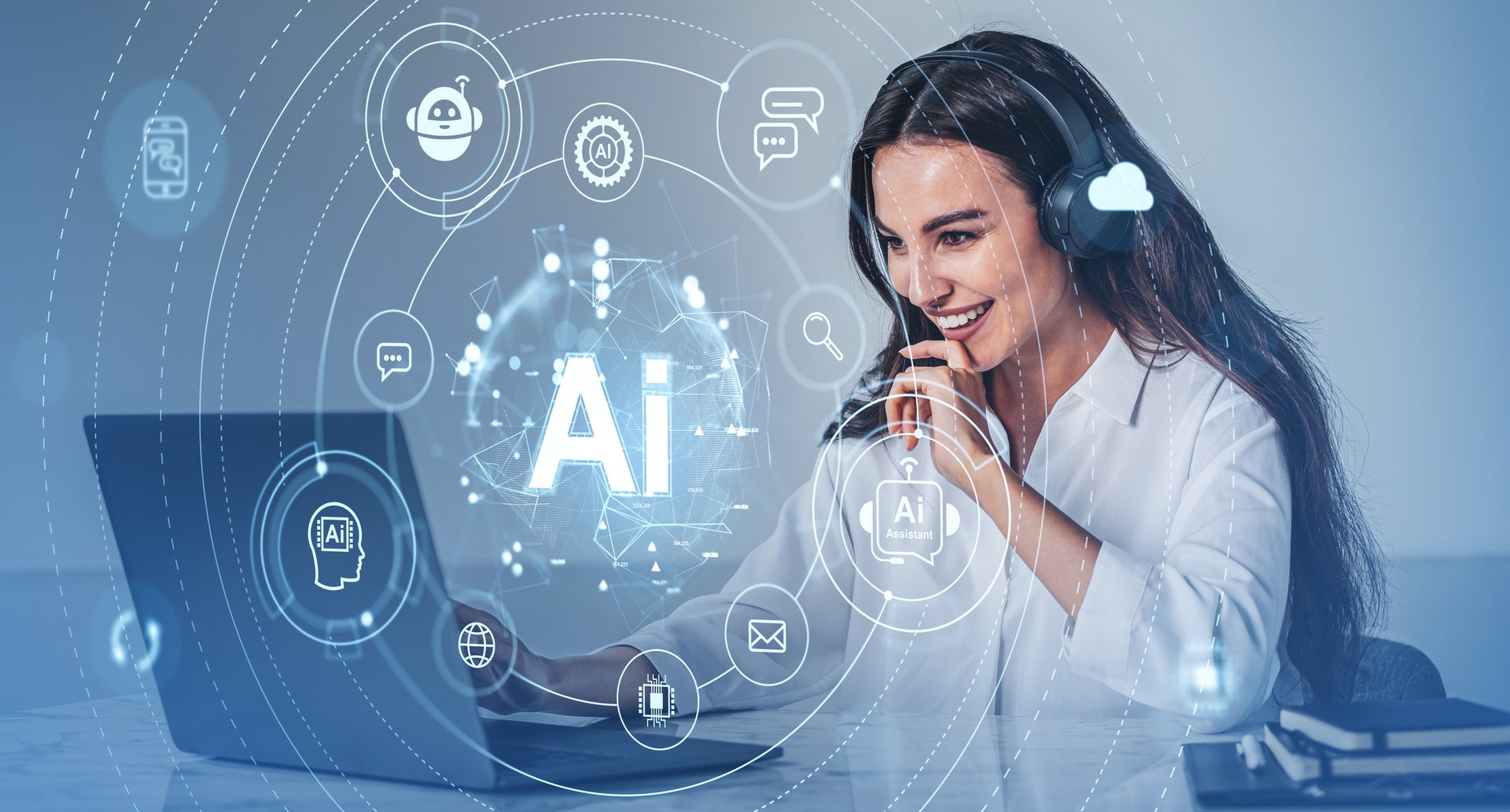 Woman wearing a headset, using a laptop, surrounded by futuristic AI concept icons